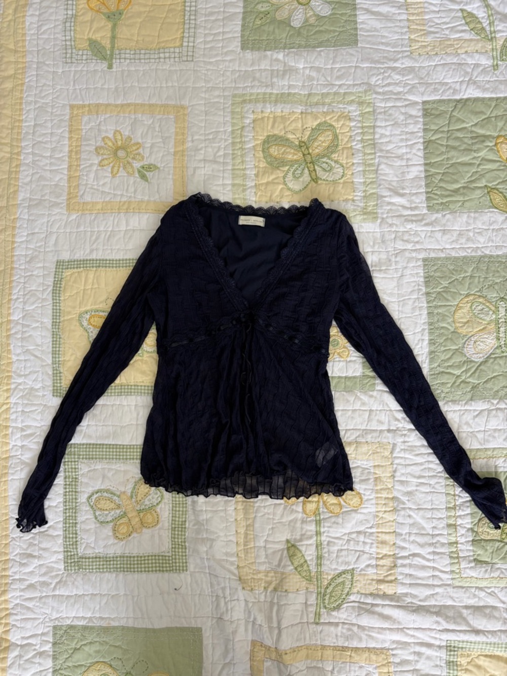 Women’s Navy V-Neck Lace-Trim Tie-Front Blouse